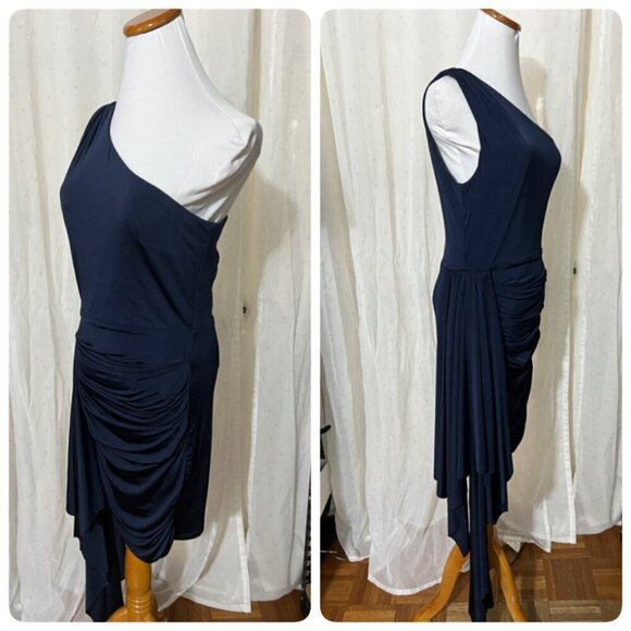 Xscape Women's One-Shoulder Draped Mini Dress Sz 12 in Navy - Picture 4 of 11
